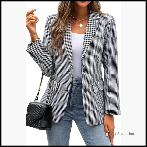 Jackets & Blazers - Polyester Lapel Collar Plaid Boyfriend Blazer Houndstooth Work Office Jacket